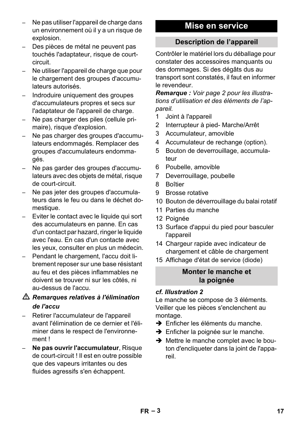 Mise en service, Description de l’appareil, Monter le manche et la poignée | Karcher KM 35-5 C User Manual | Page 17 / 172
