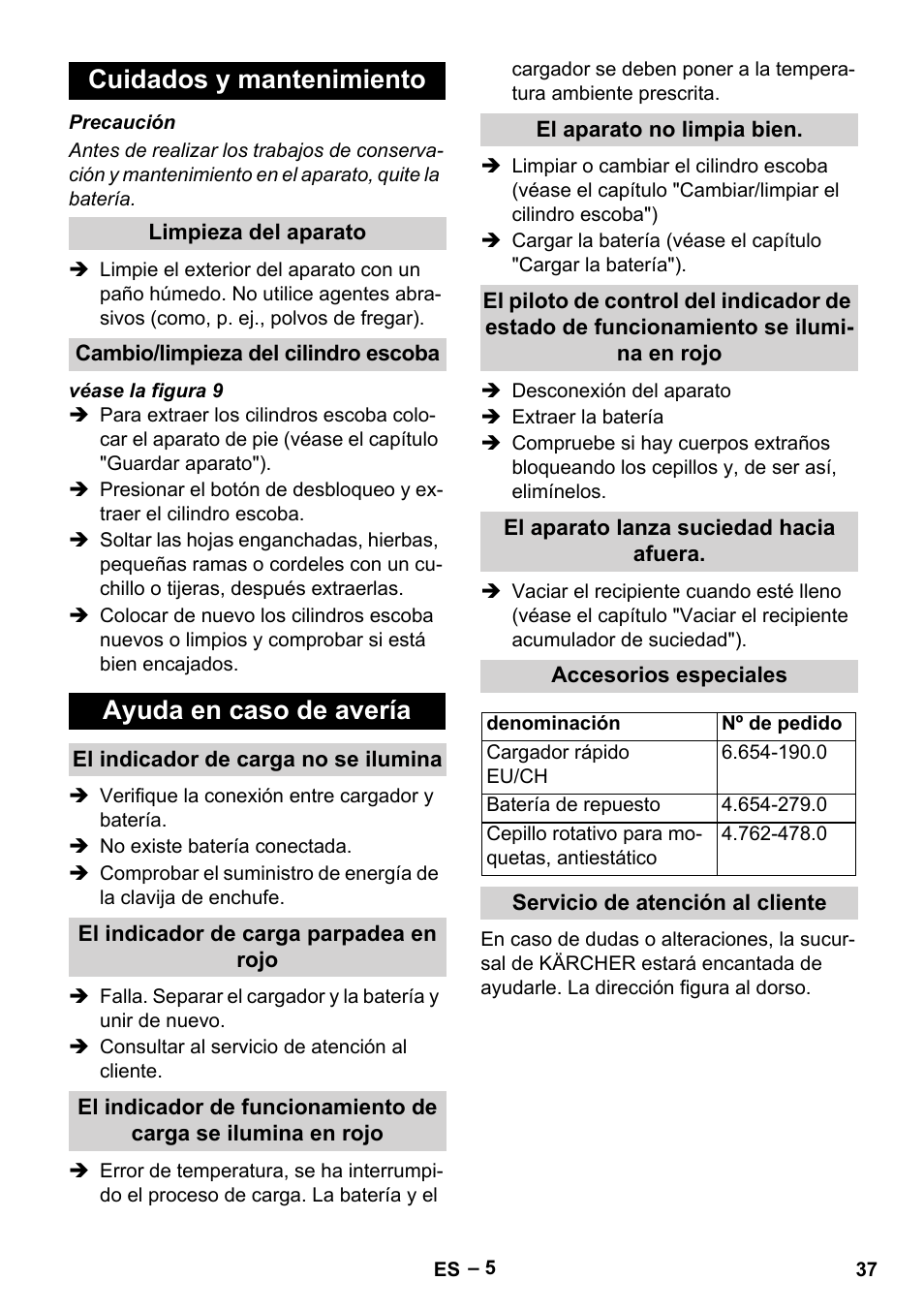 Cuidados y mantenimiento, Limpieza del aparato, Cambio/limpieza del cilindro escoba | Ayuda en caso de avería, El indicador de carga no se ilumina, El indicador de carga parpadea en rojo, El aparato no limpia bien, El aparato lanza suciedad hacia afuera, Accesorios especiales, Servicio de atención al cliente | Karcher KM 35-5 C User Manual | Page 37 / 172