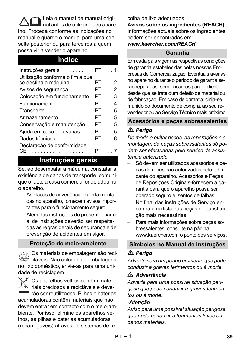 Português, Índice, Instruções gerais | Proteção do meio-ambiente, Garantia, Acessórios e peças sobressalentes, Símbolos no manual de instruções | Karcher KM 35-5 C User Manual | Page 39 / 172