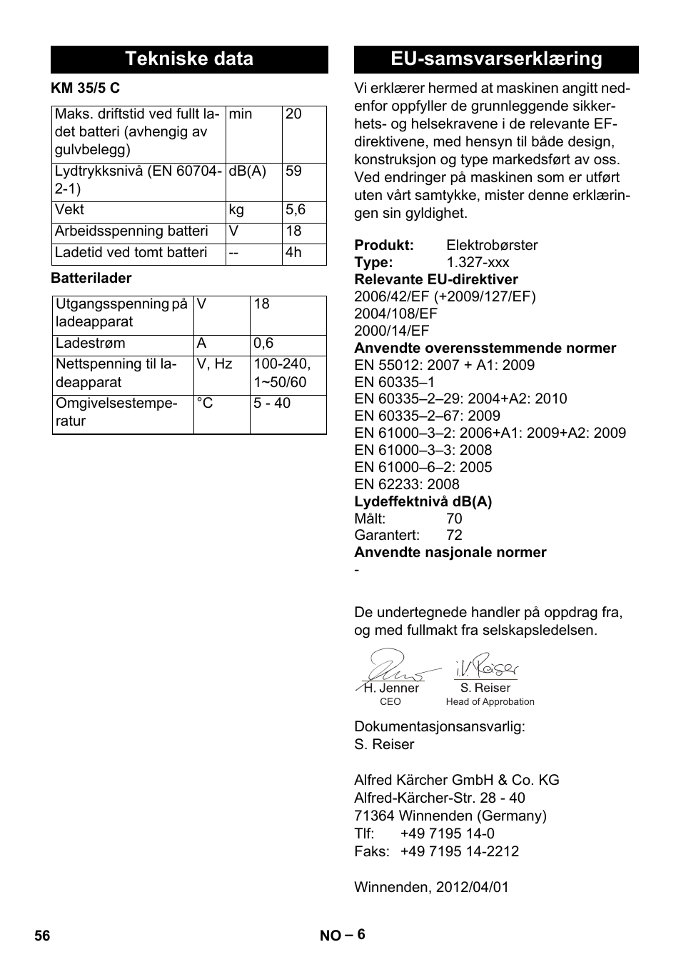 Tekniske data, Eu-samsvarserklæring | Karcher KM 35-5 C User Manual | Page 56 / 172
