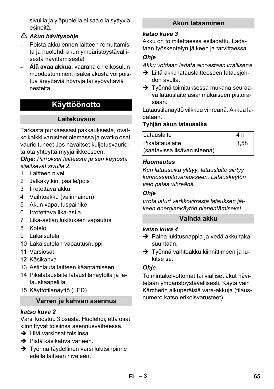 Käyttöönotto, Laitekuvaus, Varren ja kahvan asennus | Akun lataaminen, Vaihda akku | Karcher KM 35-5 C User Manual | Page 65 / 172