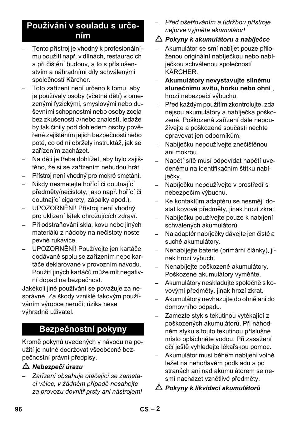 Používání v souladu s určením, Bezpečnostní pokyny | Karcher KM 35-5 C User Manual | Page 96 / 172