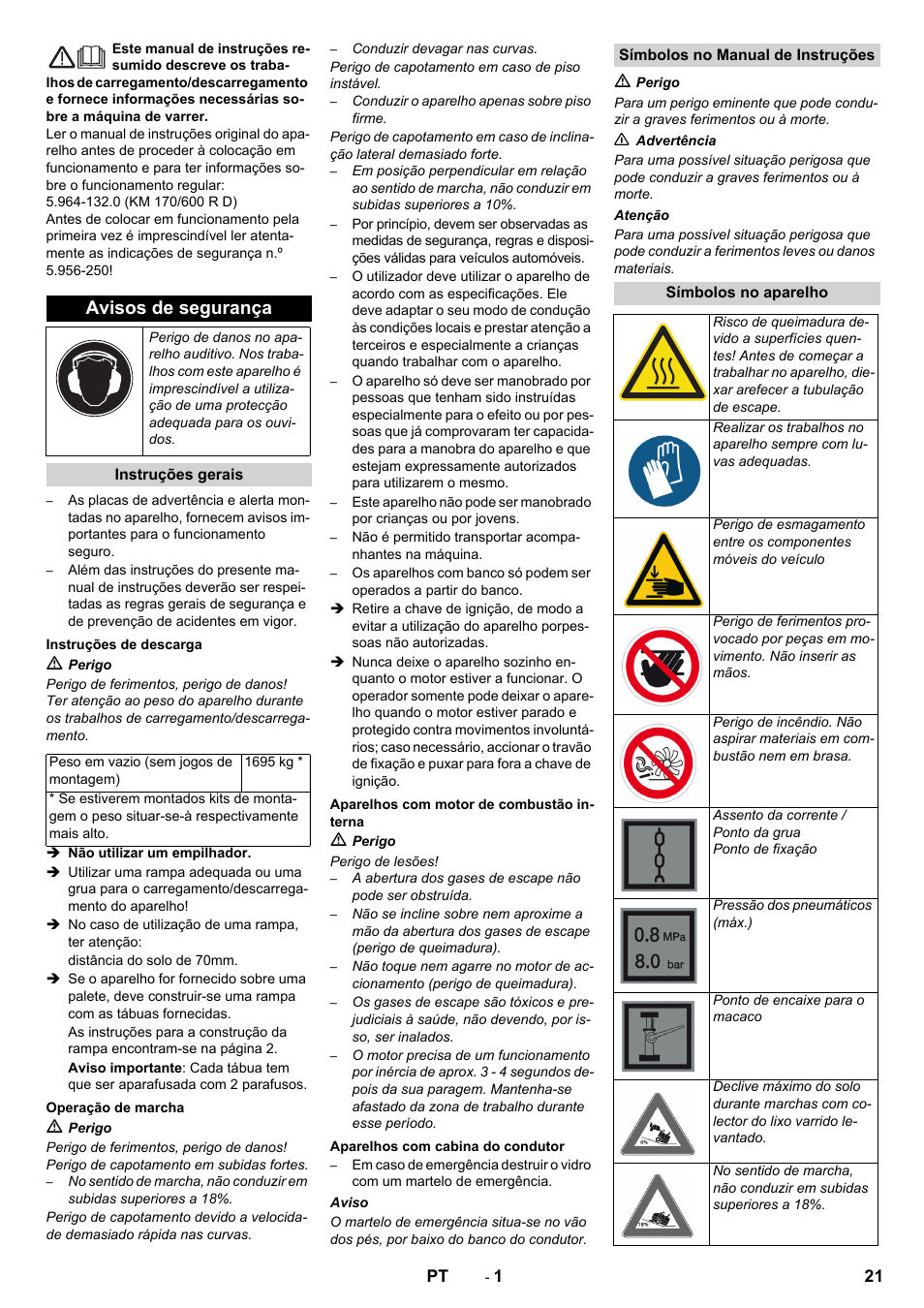 Português, Avisos de segurança | Karcher KM 170-600 D User Manual | Page 21 / 92