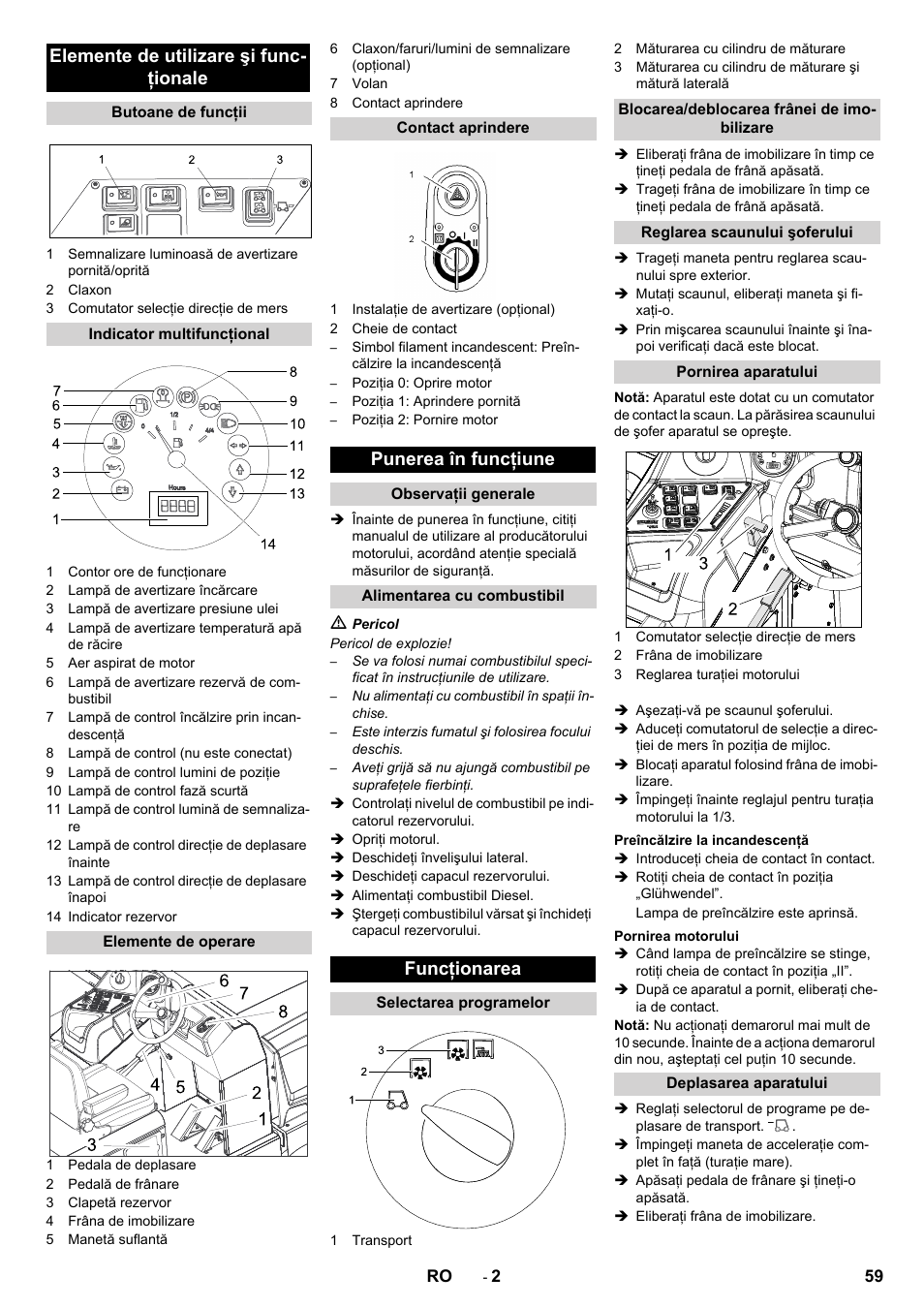Elemente de utilizare şi func- ţionale, Punerea în funcţiune, Funcţionarea | Karcher KM 170-600 D User Manual | Page 59 / 92