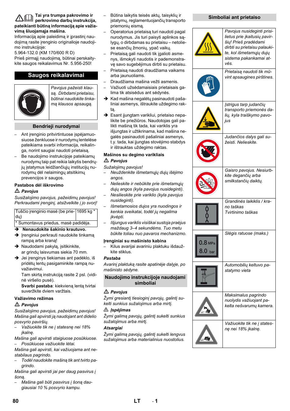 Lietuviškai, Saugos reikalavimai | Karcher KM 170-600 D User Manual | Page 80 / 92