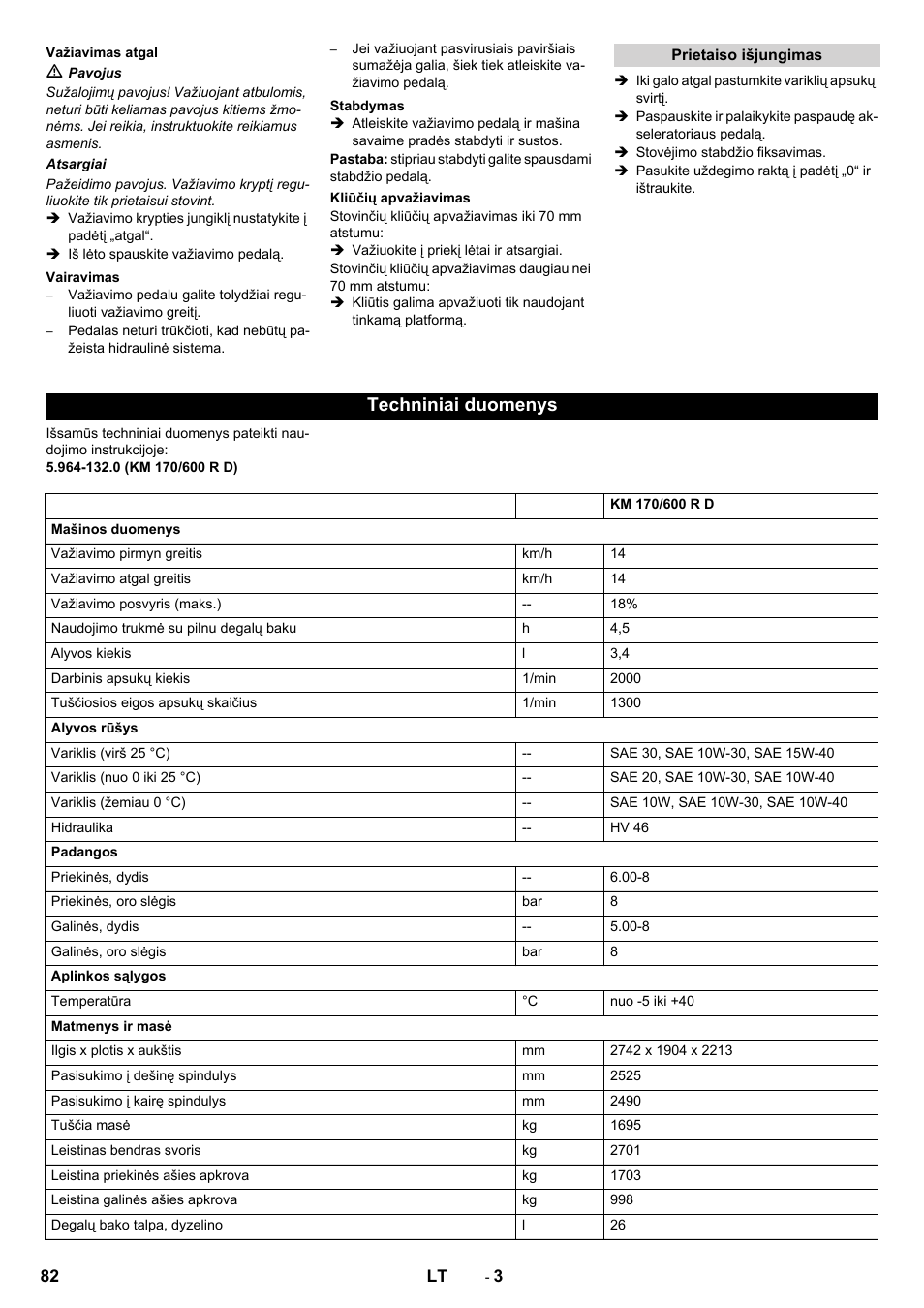 Techniniai duomenys | Karcher KM 170-600 D User Manual | Page 82 / 92