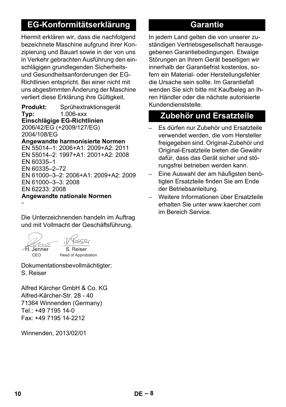 Eg-konformitätserklärung, Garantie zubehör und ersatzteile | Karcher BRS 43-500 C User Manual | Page 10 / 220