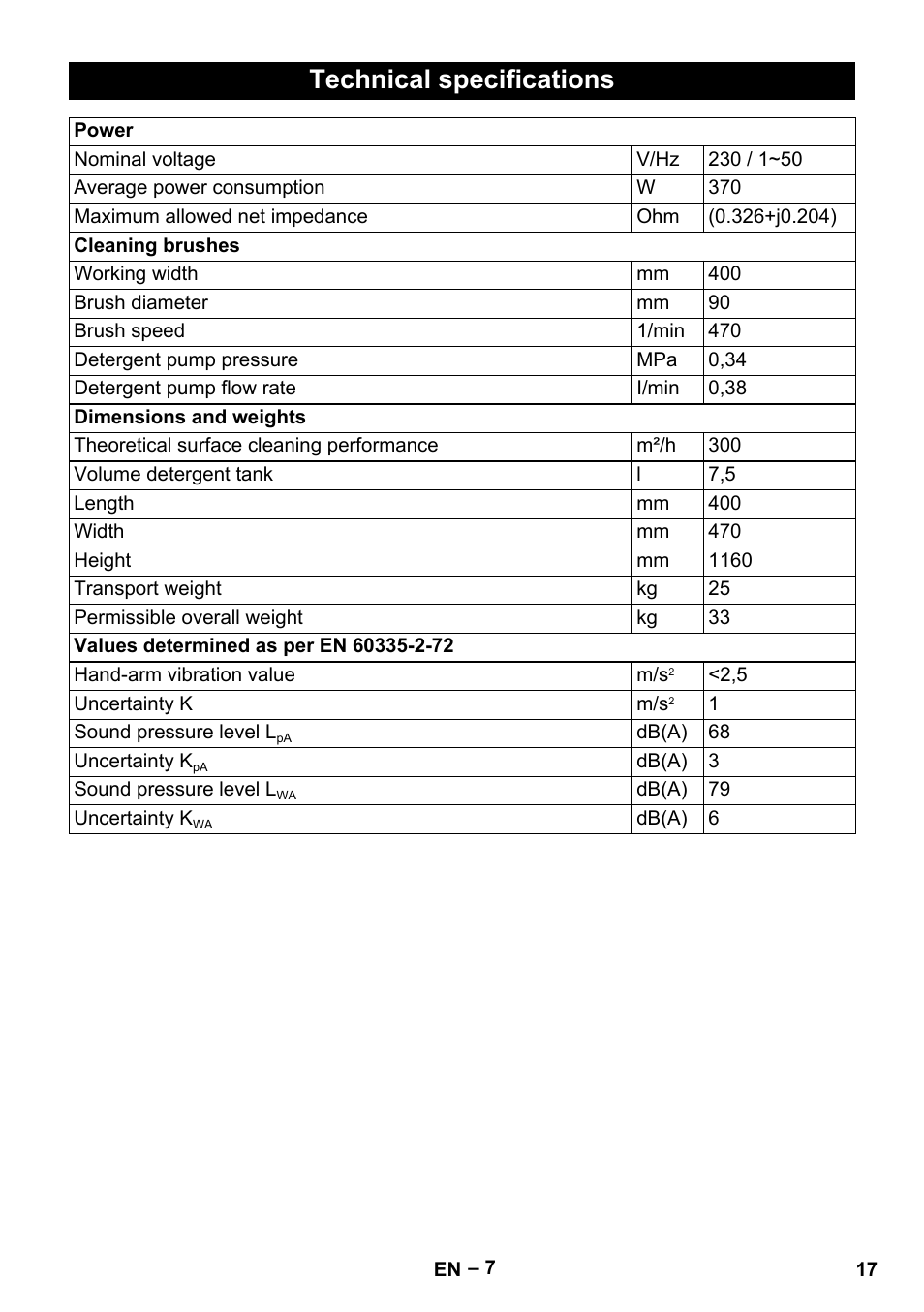 Technical specifications | Karcher BRS 43-500 C User Manual | Page 17 / 220