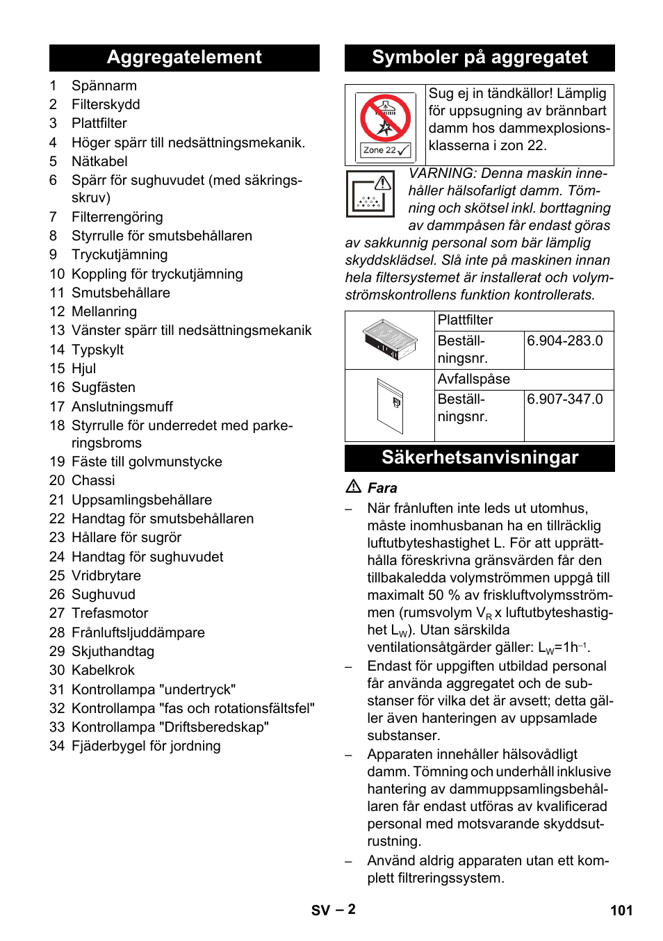 Aggregatelement symboler på aggregatet, Säkerhetsanvisningar | Karcher IVC 60-30 Tact H Z22 EU User Manual | Page 101 / 292
