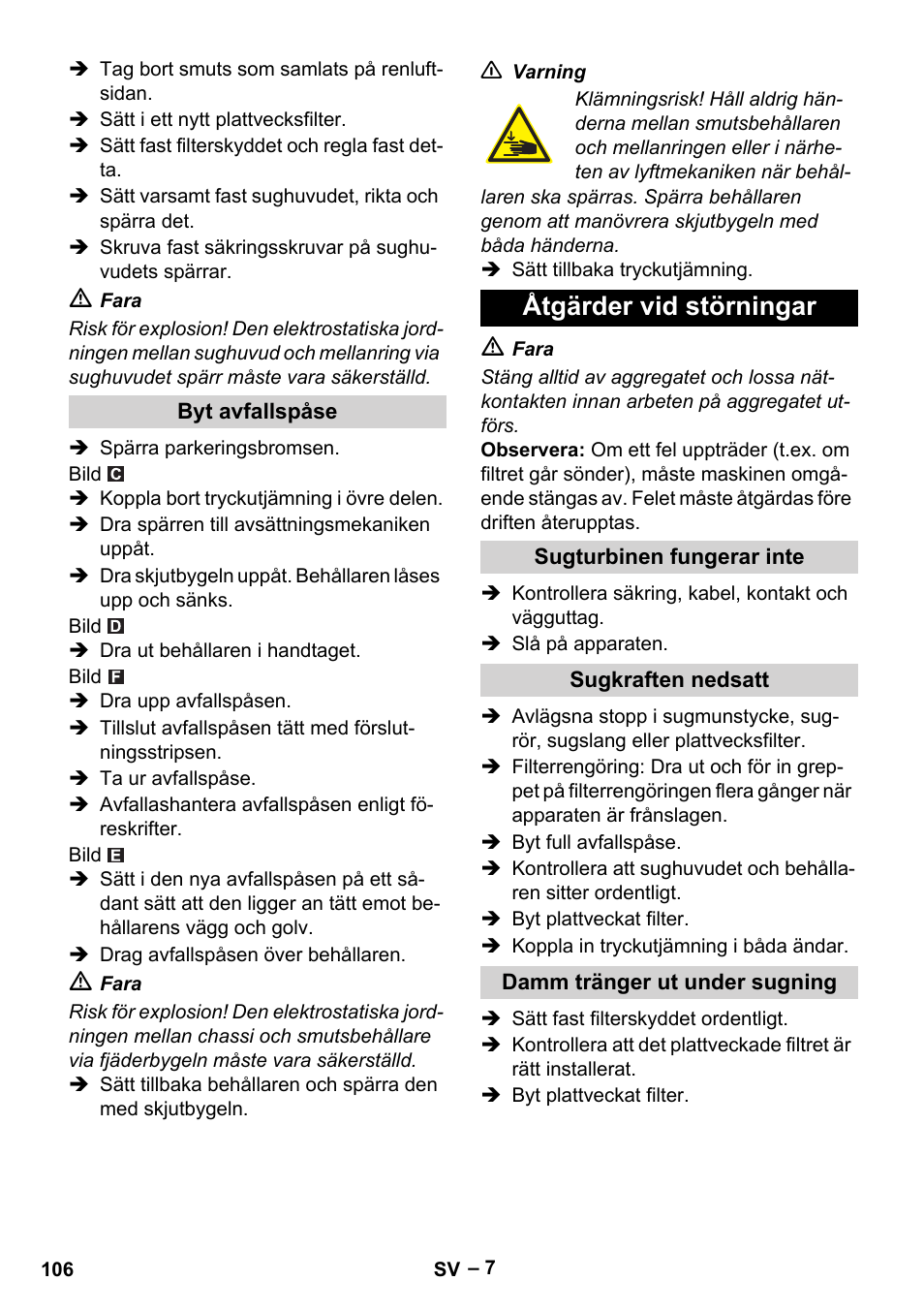 Åtgärder vid störningar | Karcher IVC 60-30 Tact H Z22 EU User Manual | Page 106 / 292