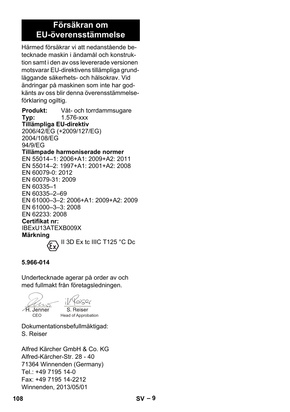 Försäkran om eu-överensstämmelse | Karcher IVC 60-30 Tact H Z22 EU User Manual | Page 108 / 292