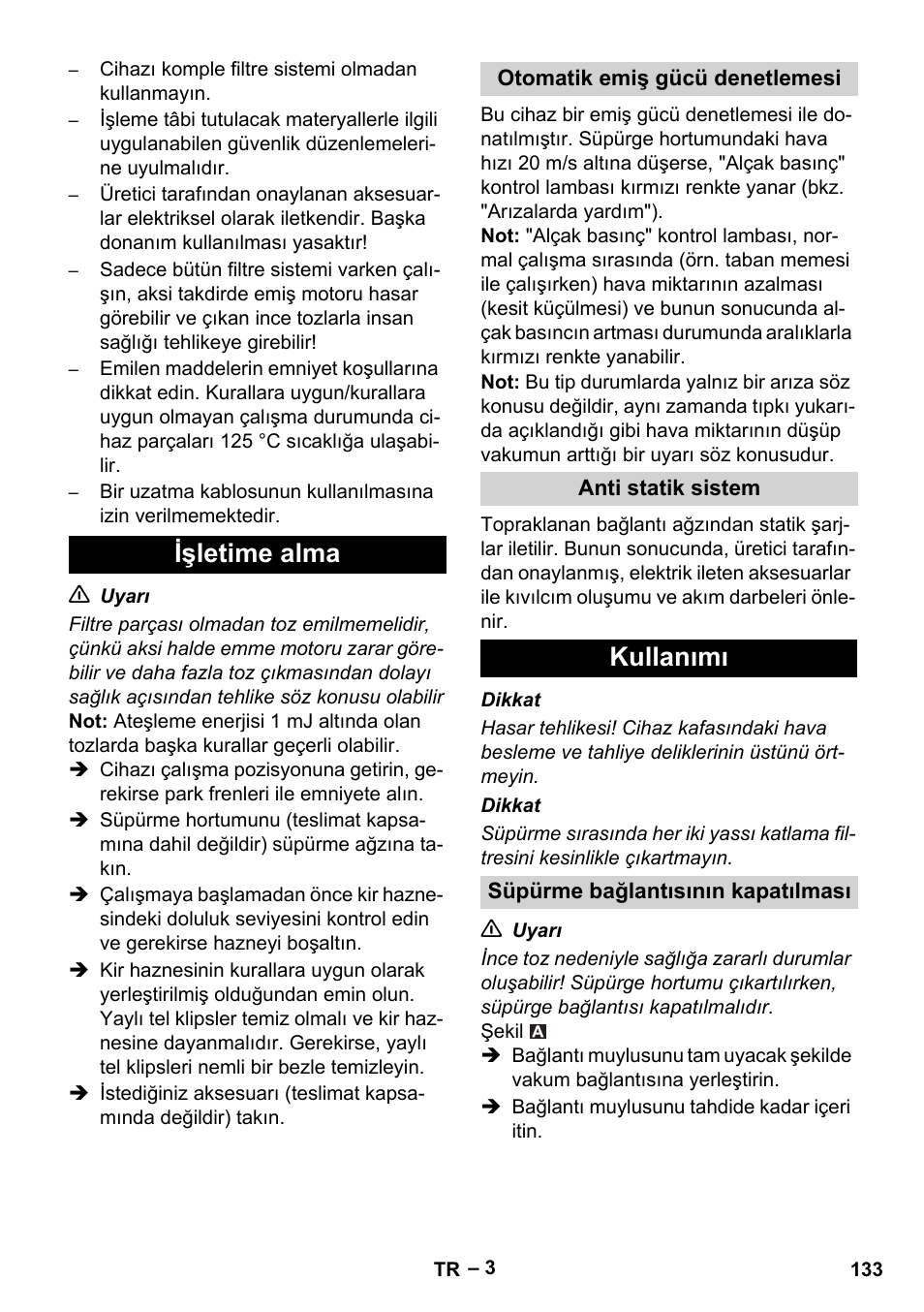 Işletime alma, Kullanımı | Karcher IVC 60-30 Tact H Z22 EU User Manual | Page 133 / 292