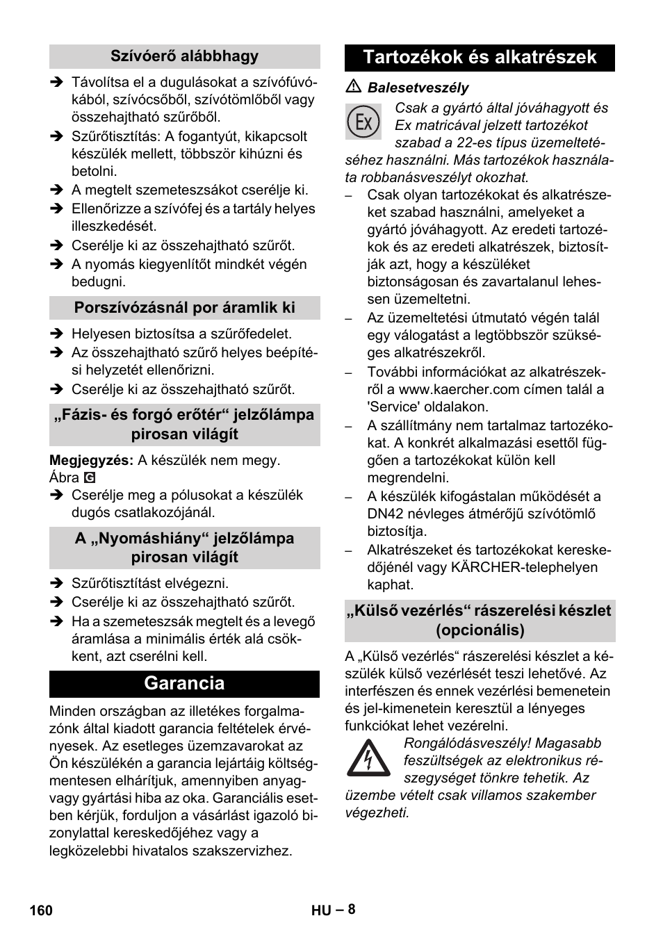 Garancia tartozékok és alkatrészek | Karcher IVC 60-30 Tact H Z22 EU User Manual | Page 160 / 292