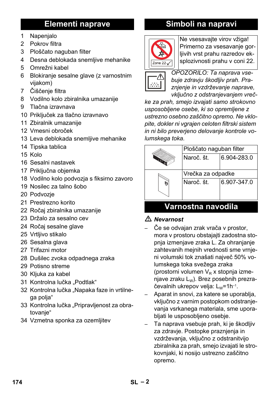 Elementi naprave simboli na napravi, Varnostna navodila | Karcher IVC 60-30 Tact H Z22 EU User Manual | Page 174 / 292