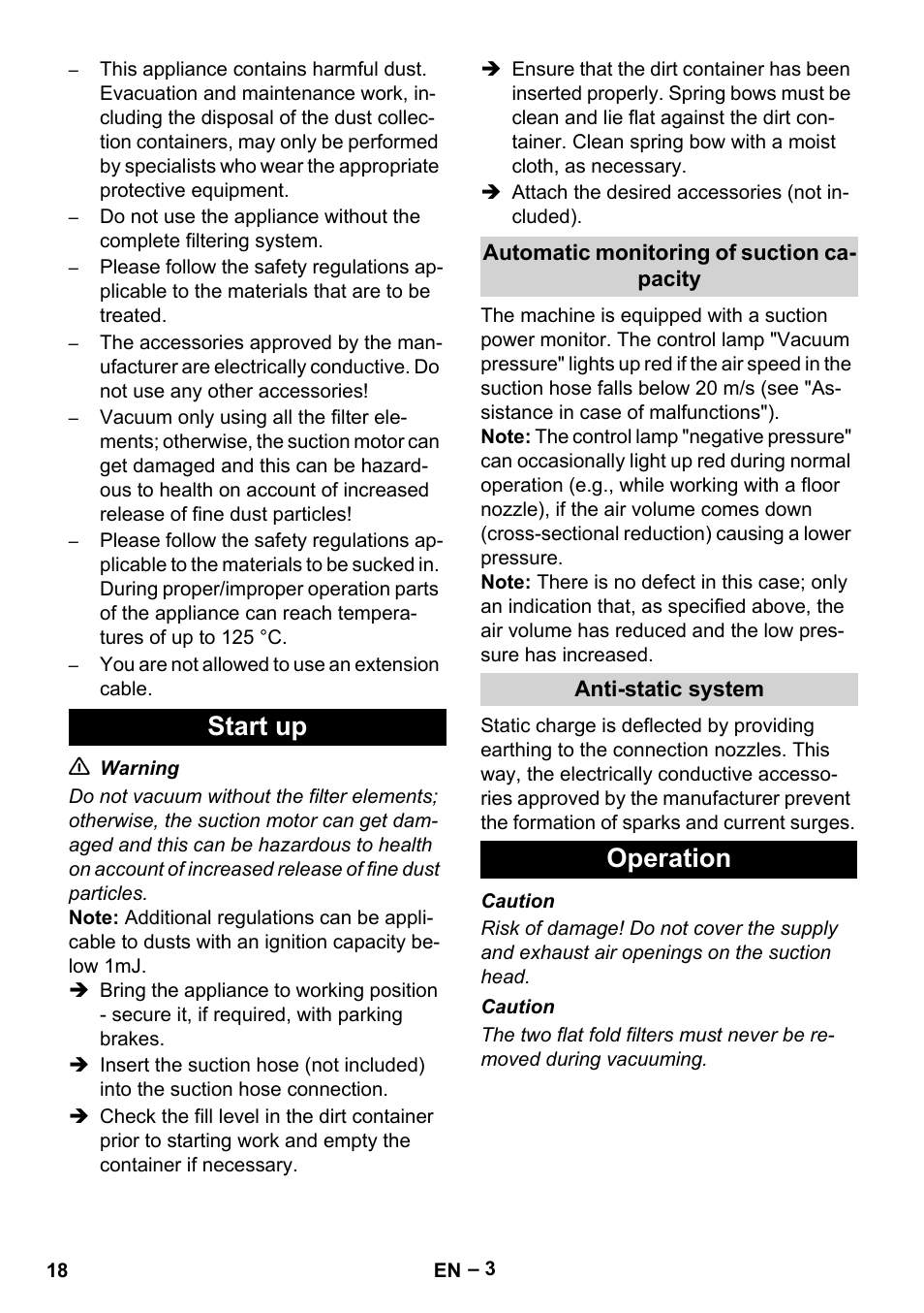 Start up, Operation | Karcher IVC 60-30 Tact H Z22 EU User Manual | Page 18 / 292