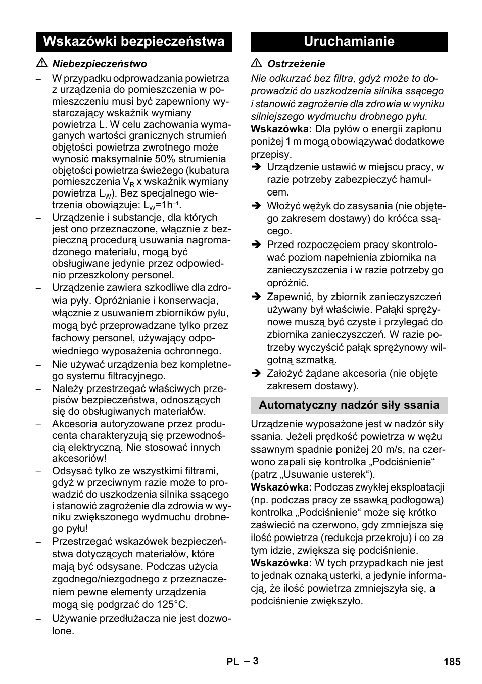 Wskazówki bezpieczeństwa uruchamianie | Karcher IVC 60-30 Tact H Z22 EU User Manual | Page 185 / 292