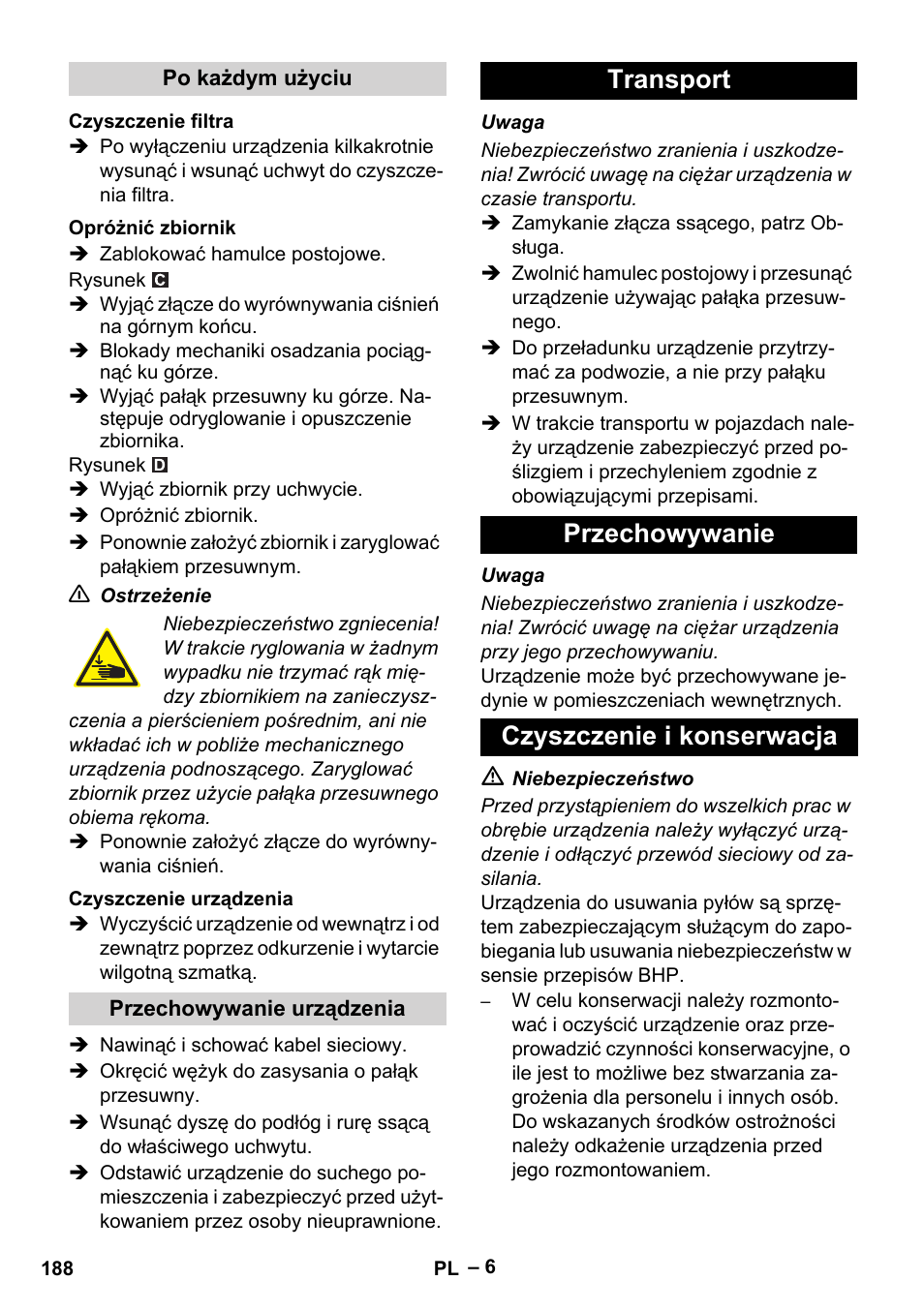 Transport przechowywanie czyszczenie i konserwacja | Karcher IVC 60-30 Tact H Z22 EU User Manual | Page 188 / 292