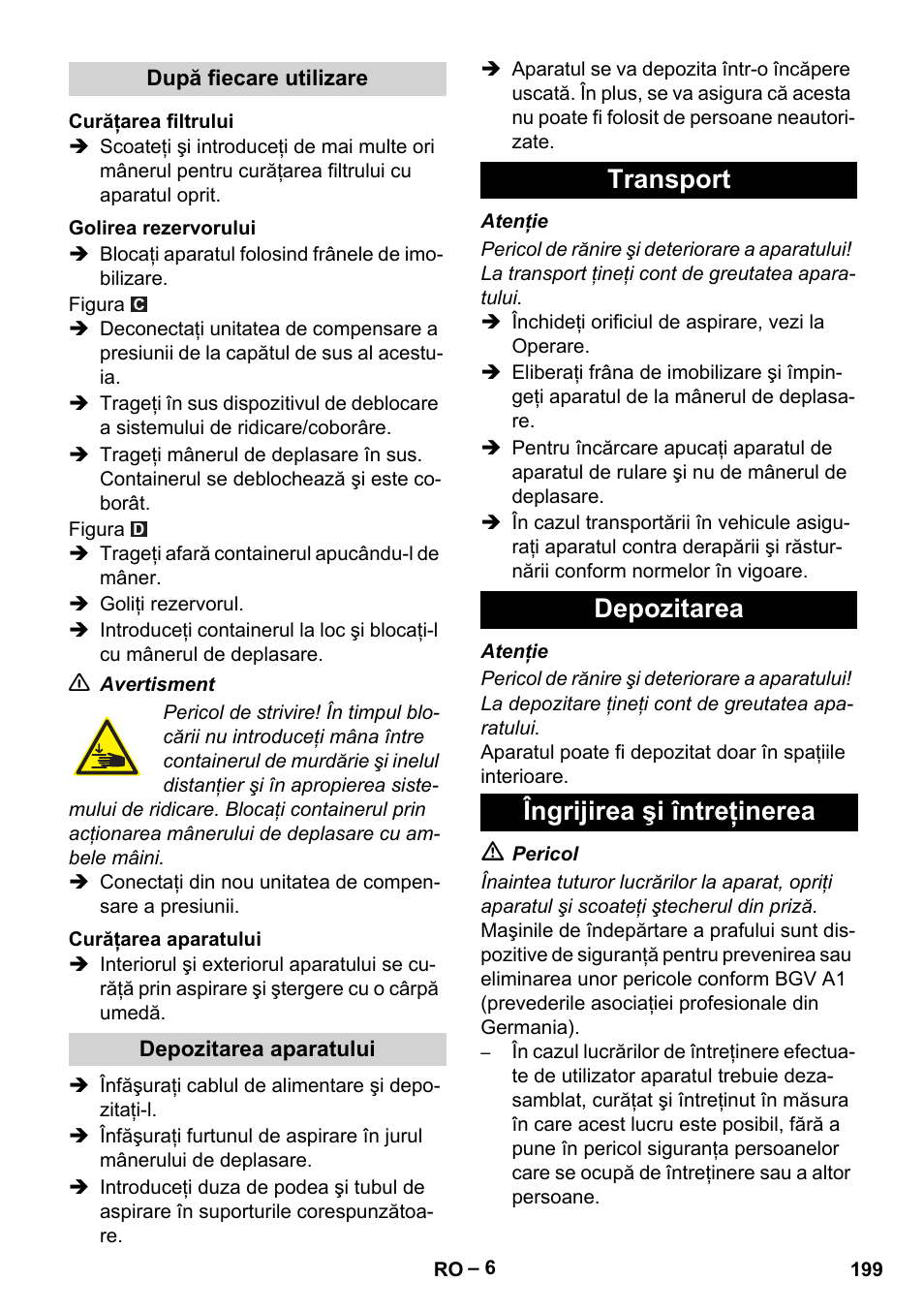 Transport depozitarea îngrijirea şi întreţinerea | Karcher IVC 60-30 Tact H Z22 EU User Manual | Page 199 / 292