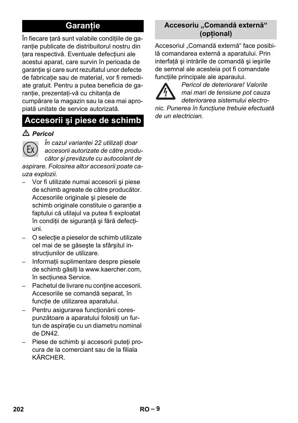 Garanţie accesorii şi piese de schimb | Karcher IVC 60-30 Tact H Z22 EU User Manual | Page 202 / 292