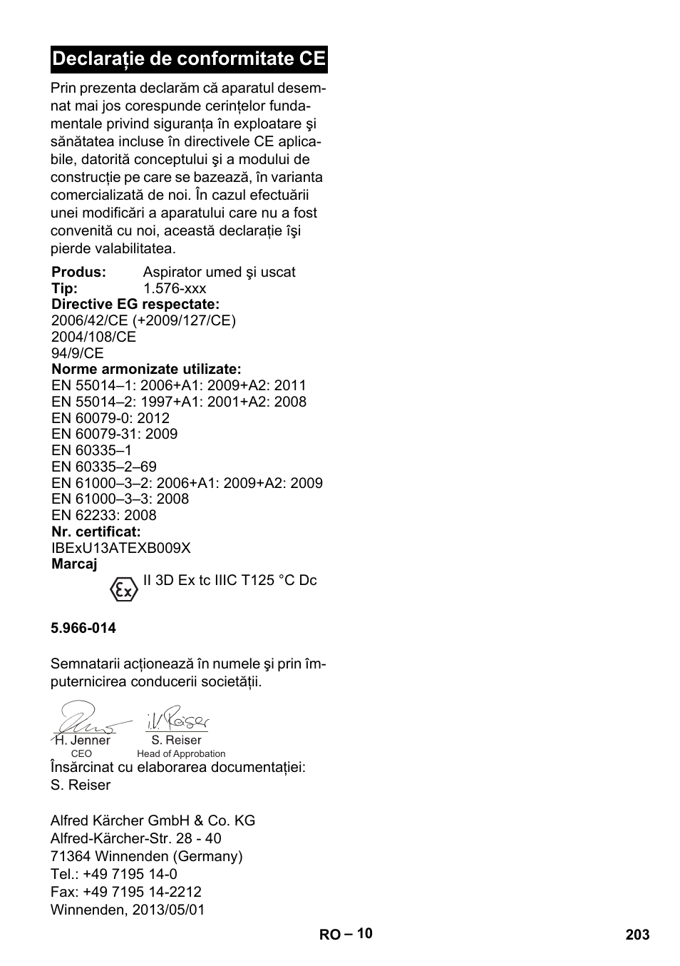 Declaraţie de conformitate ce | Karcher IVC 60-30 Tact H Z22 EU User Manual | Page 203 / 292