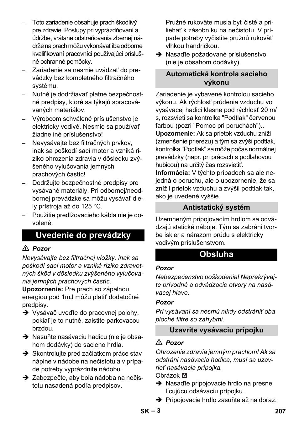 Uvedenie do prevádzky, Obsluha | Karcher IVC 60-30 Tact H Z22 EU User Manual | Page 207 / 292