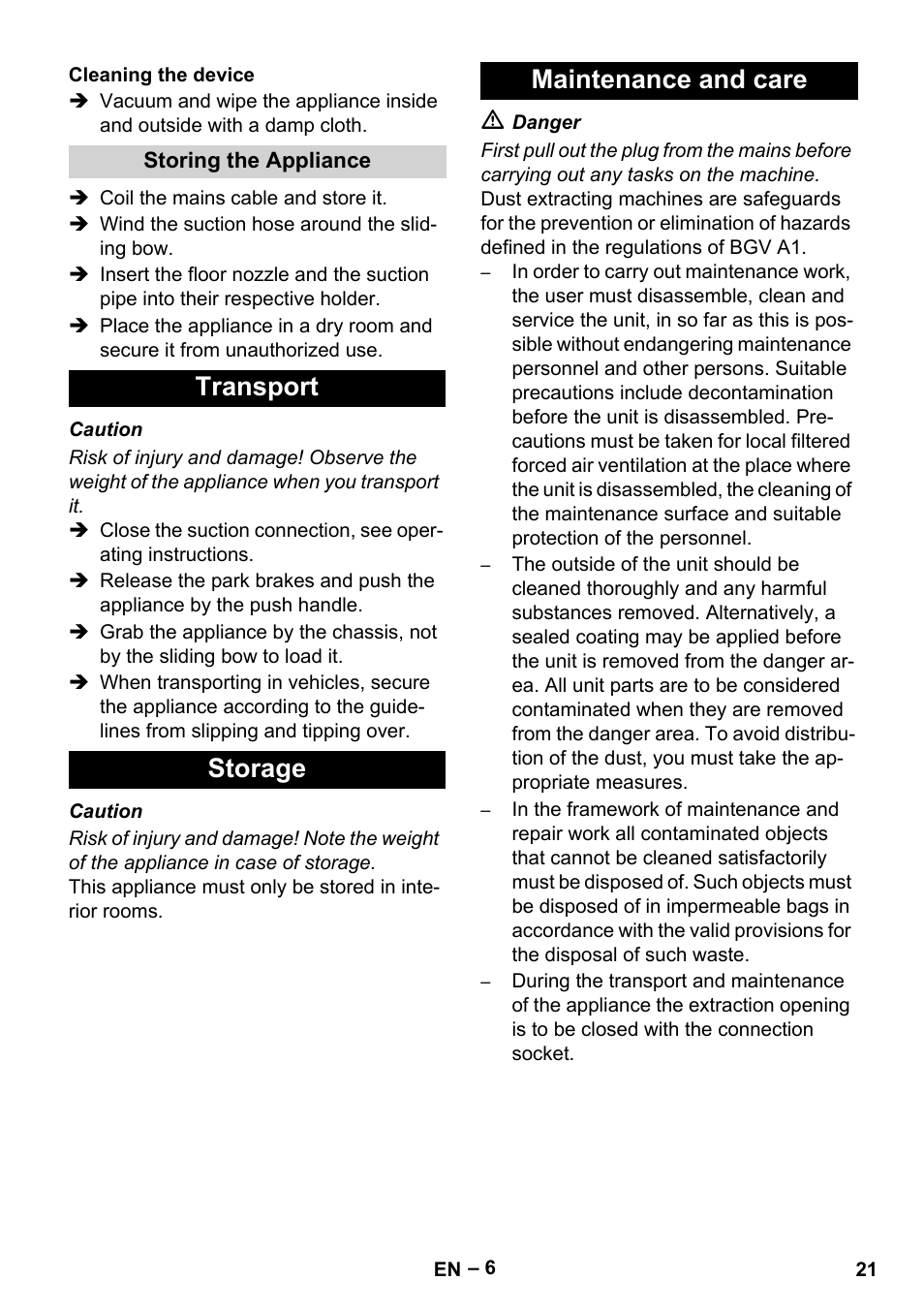Transport storage maintenance and care | Karcher IVC 60-30 Tact H Z22 EU User Manual | Page 21 / 292