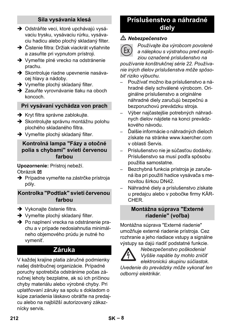 Záruka príslušenstvo a náhradné diely | Karcher IVC 60-30 Tact H Z22 EU User Manual | Page 212 / 292