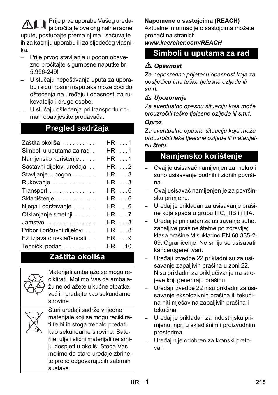 Hrvatski, Pregled sadržaja, Zaštita okoliša | Simboli u uputama za rad namjensko korištenje | Karcher IVC 60-30 Tact H Z22 EU User Manual | Page 215 / 292