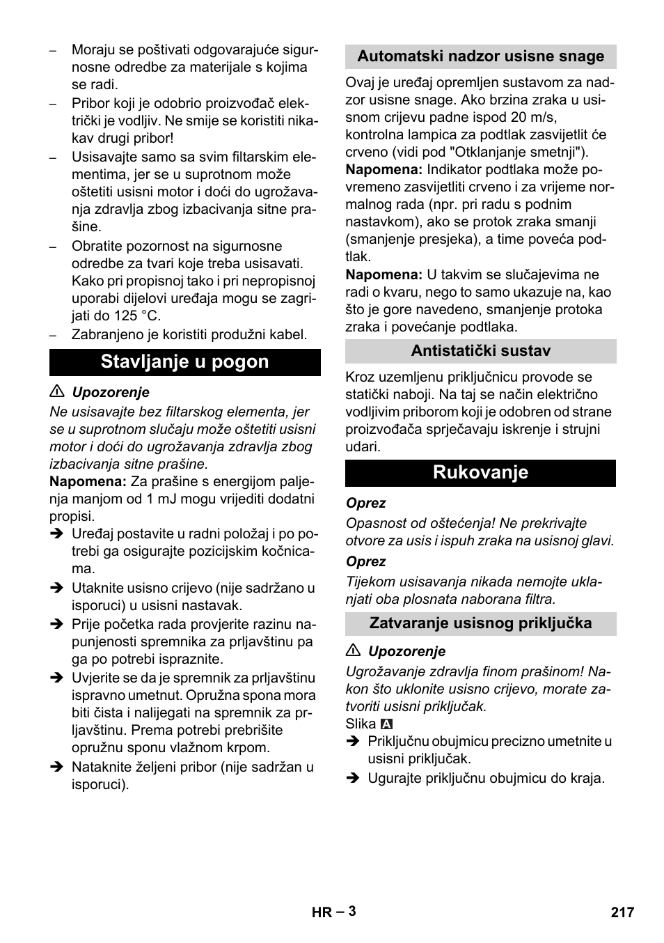 Stavljanje u pogon, Rukovanje | Karcher IVC 60-30 Tact H Z22 EU User Manual | Page 217 / 292