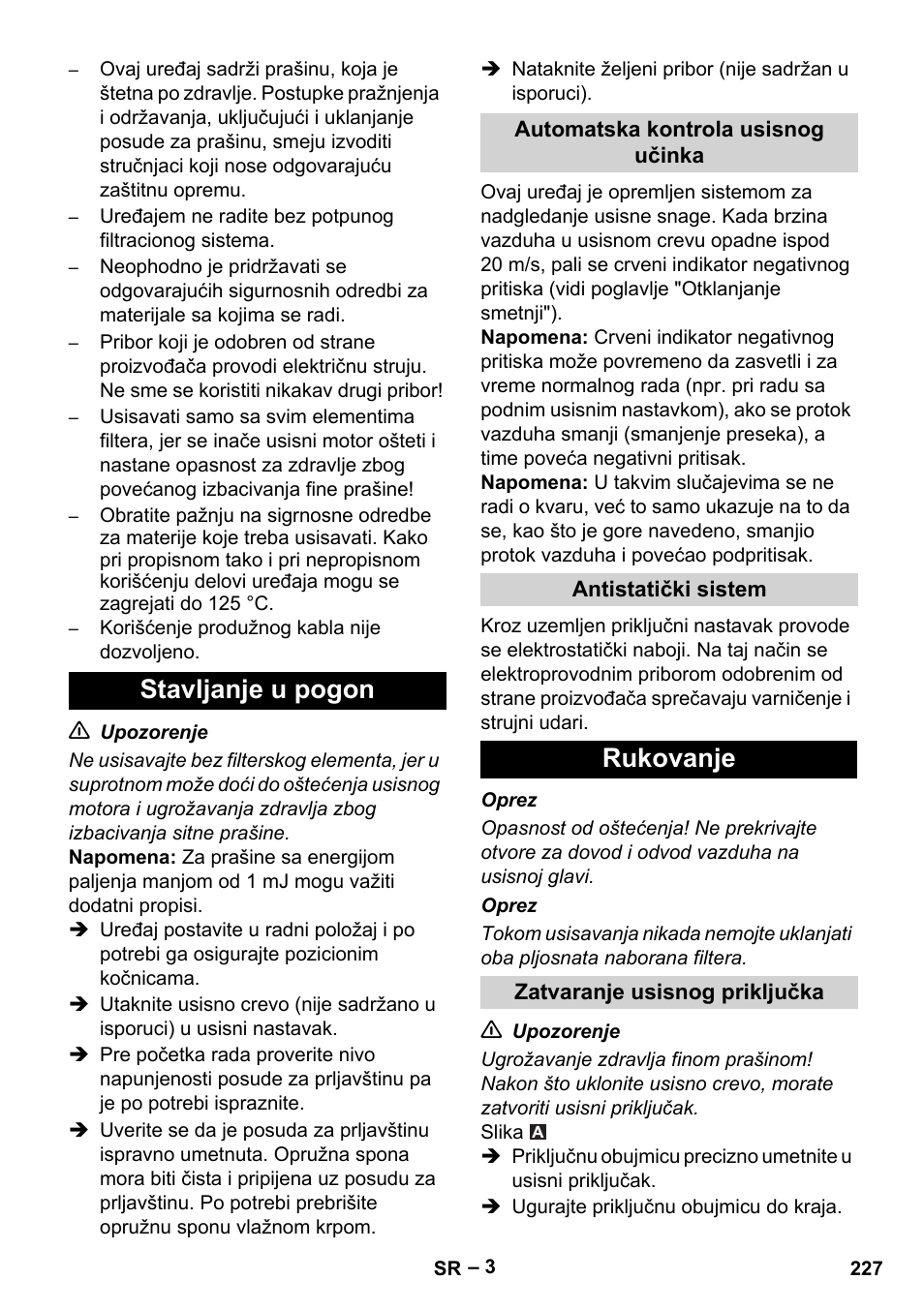 Stavljanje u pogon, Rukovanje | Karcher IVC 60-30 Tact H Z22 EU User Manual | Page 227 / 292