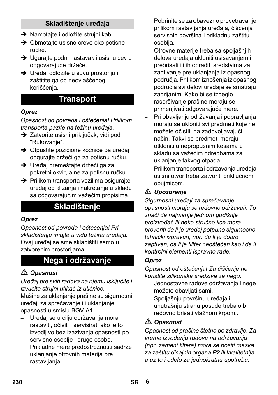 Transport skladištenje nega i održavanje | Karcher IVC 60-30 Tact H Z22 EU User Manual | Page 230 / 292