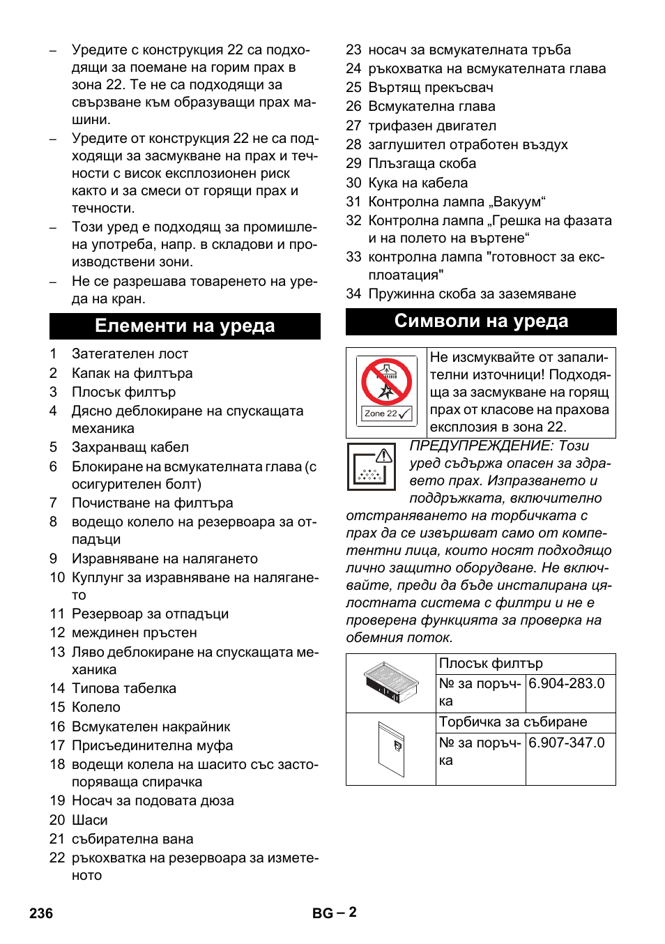 Елементи на уреда символи на уреда | Karcher IVC 60-30 Tact H Z22 EU User Manual | Page 236 / 292