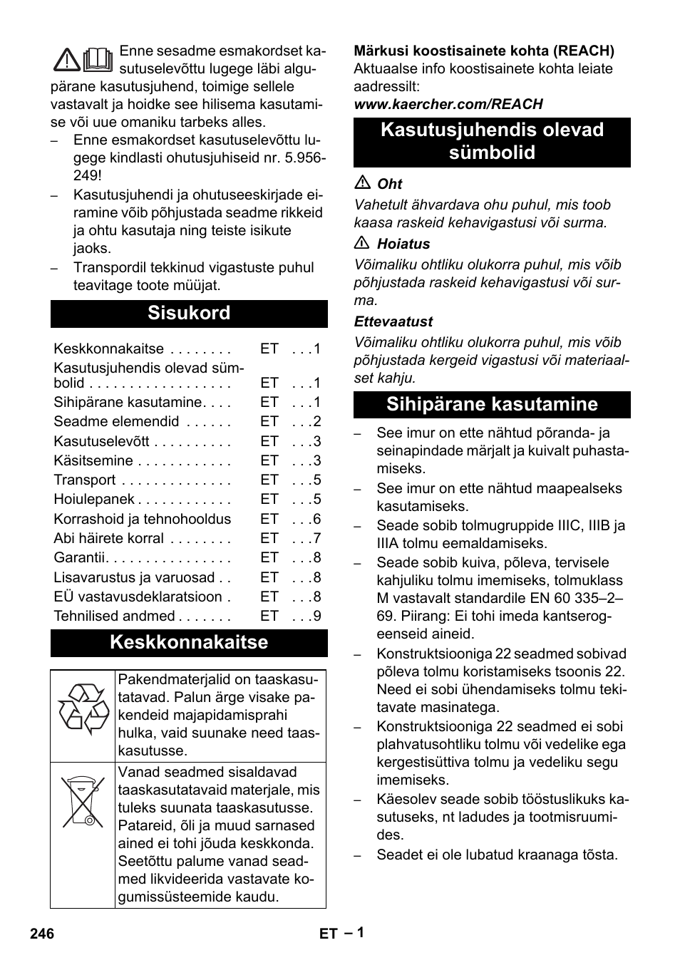 Eesti, Sisukord, Keskkonnakaitse | Karcher IVC 60-30 Tact H Z22 EU User Manual | Page 246 / 292