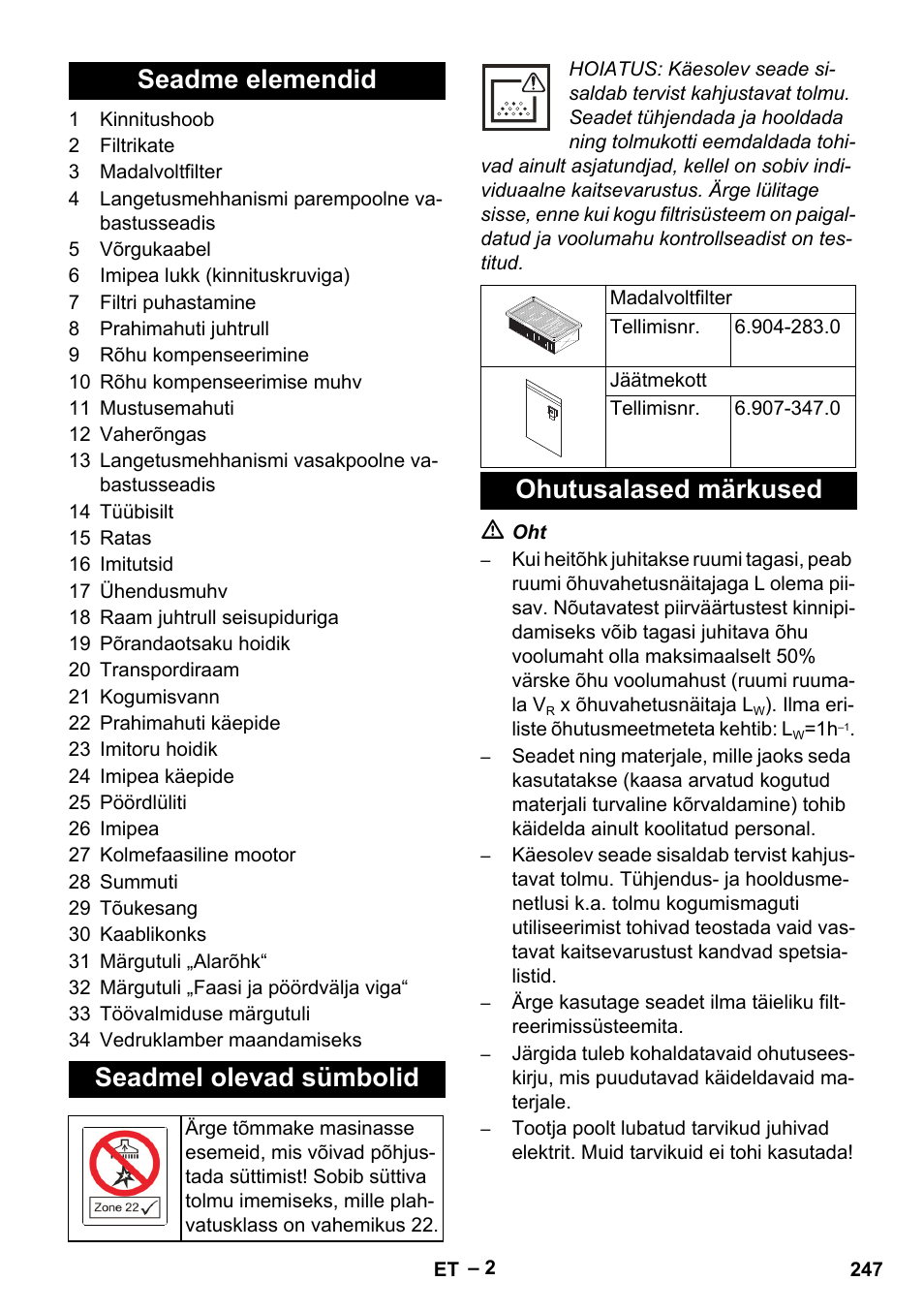 Seadme elemendid seadmel olevad sümbolid, Ohutusalased märkused | Karcher IVC 60-30 Tact H Z22 EU User Manual | Page 247 / 292