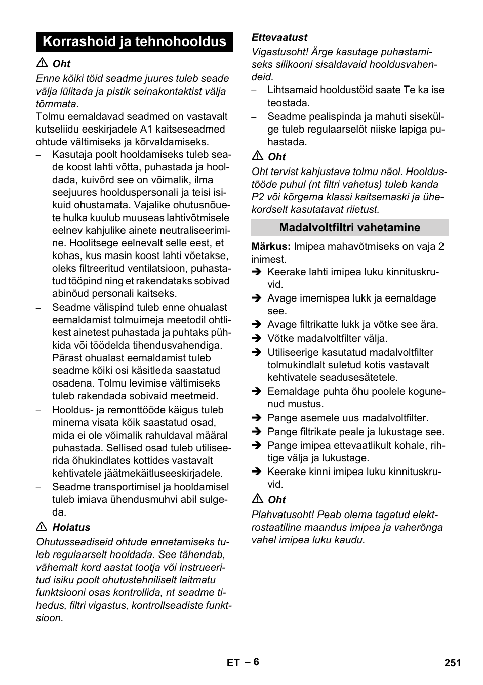 Korrashoid ja tehnohooldus | Karcher IVC 60-30 Tact H Z22 EU User Manual | Page 251 / 292