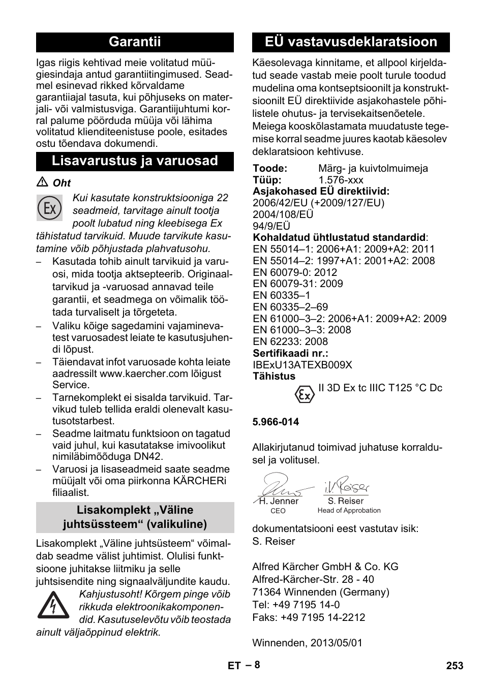 Garantii lisavarustus ja varuosad, Eü vastavusdeklaratsioon | Karcher IVC 60-30 Tact H Z22 EU User Manual | Page 253 / 292