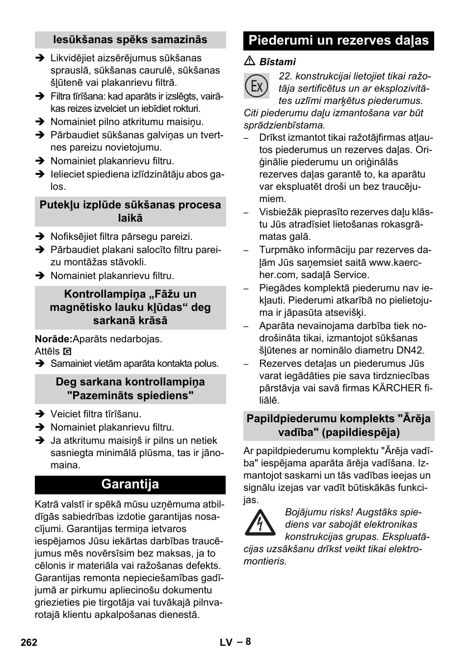 Garantija piederumi un rezerves daļas | Karcher IVC 60-30 Tact H Z22 EU User Manual | Page 262 / 292