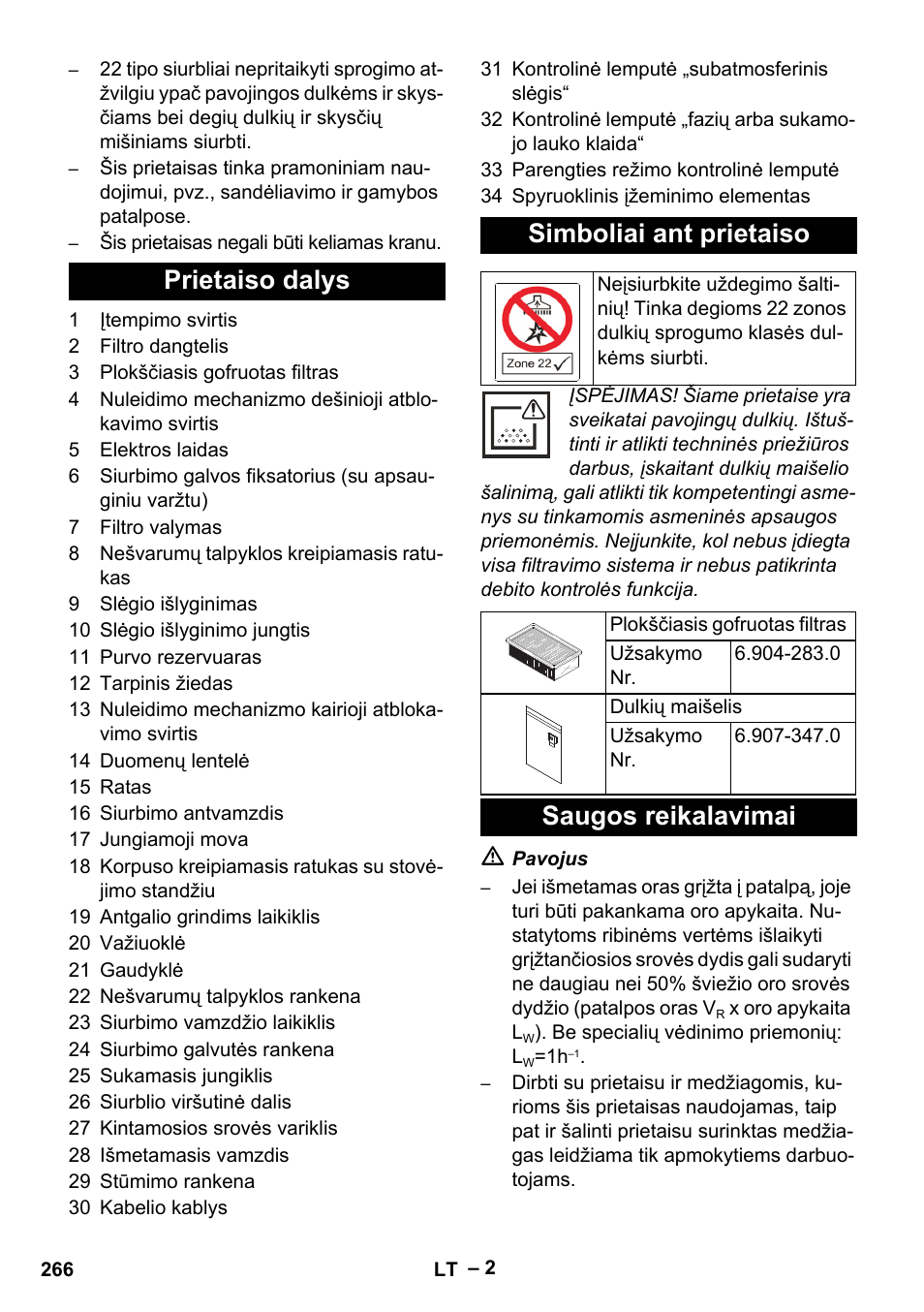 Prietaiso dalys simboliai ant prietaiso, Saugos reikalavimai | Karcher IVC 60-30 Tact H Z22 EU User Manual | Page 266 / 292