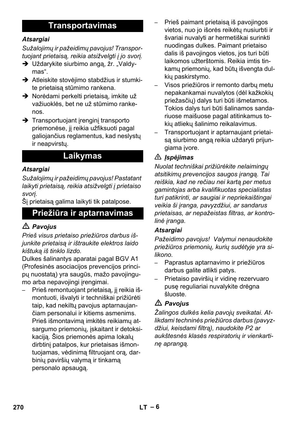 Transportavimas laikymas priežiūra ir aptarnavimas | Karcher IVC 60-30 Tact H Z22 EU User Manual | Page 270 / 292