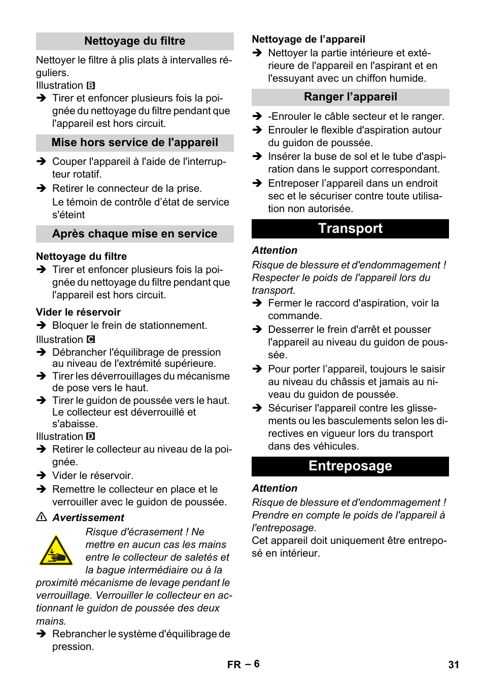 Transport entreposage | Karcher IVC 60-30 Tact H Z22 EU User Manual | Page 31 / 292