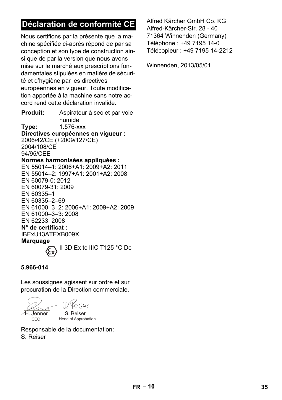 Déclaration de conformité ce | Karcher IVC 60-30 Tact H Z22 EU User Manual | Page 35 / 292