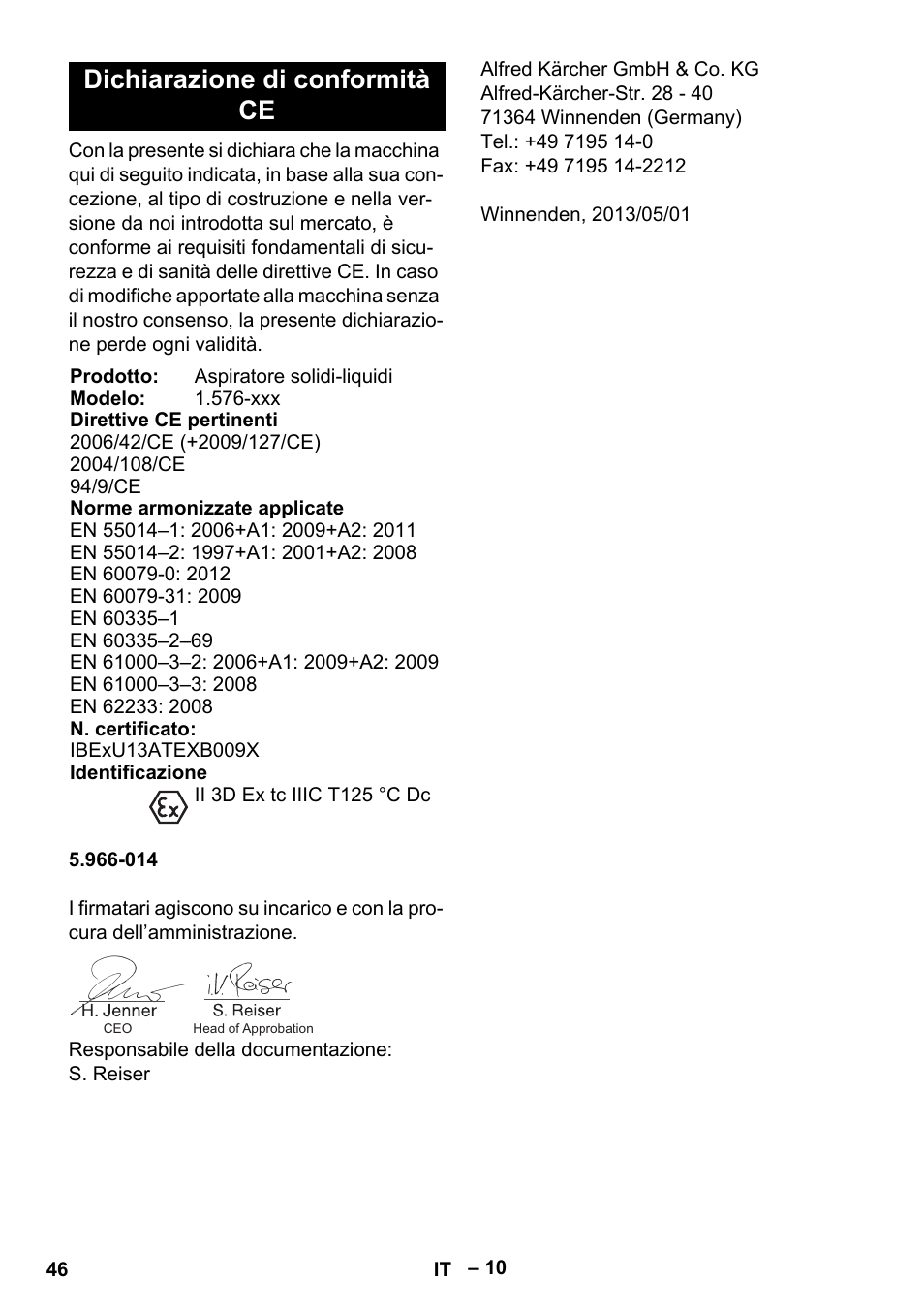 Dichiarazione di conformità ce | Karcher IVC 60-30 Tact H Z22 EU User Manual | Page 46 / 292