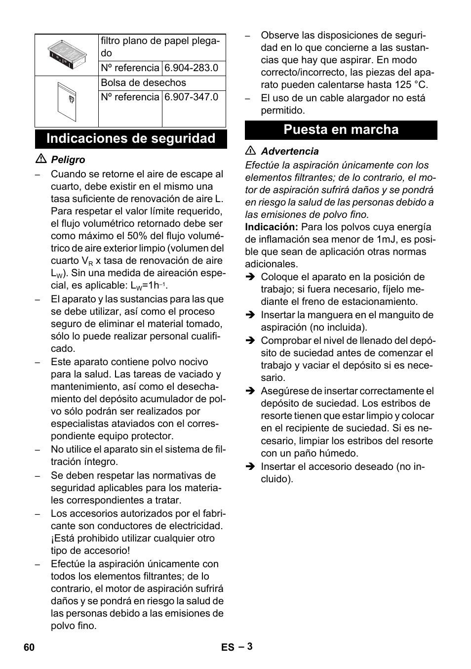 Indicaciones de seguridad puesta en marcha | Karcher IVC 60-30 Tact H Z22 EU User Manual | Page 60 / 292