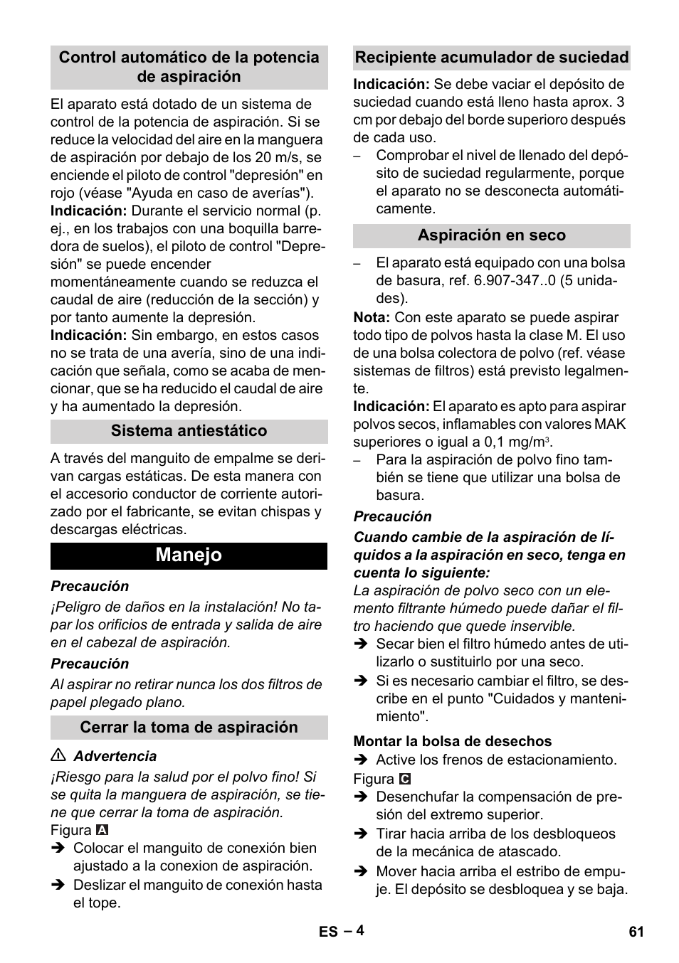 Manejo | Karcher IVC 60-30 Tact H Z22 EU User Manual | Page 61 / 292