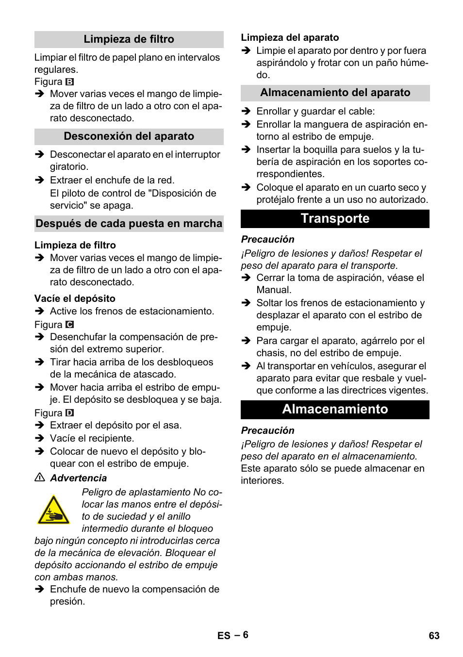 Transporte almacenamiento | Karcher IVC 60-30 Tact H Z22 EU User Manual | Page 63 / 292