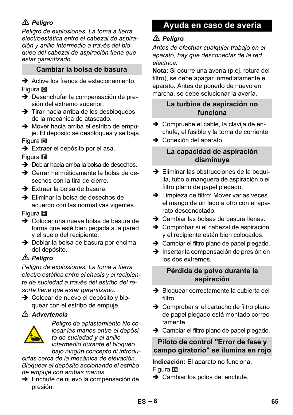Ayuda en caso de avería | Karcher IVC 60-30 Tact H Z22 EU User Manual | Page 65 / 292