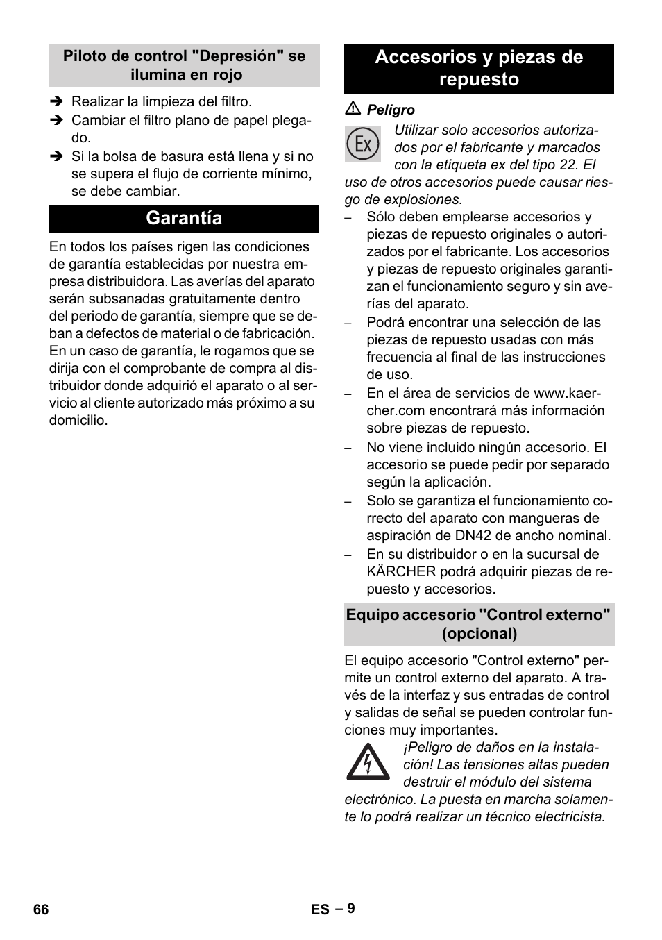 Garantía accesorios y piezas de repuesto | Karcher IVC 60-30 Tact H Z22 EU User Manual | Page 66 / 292