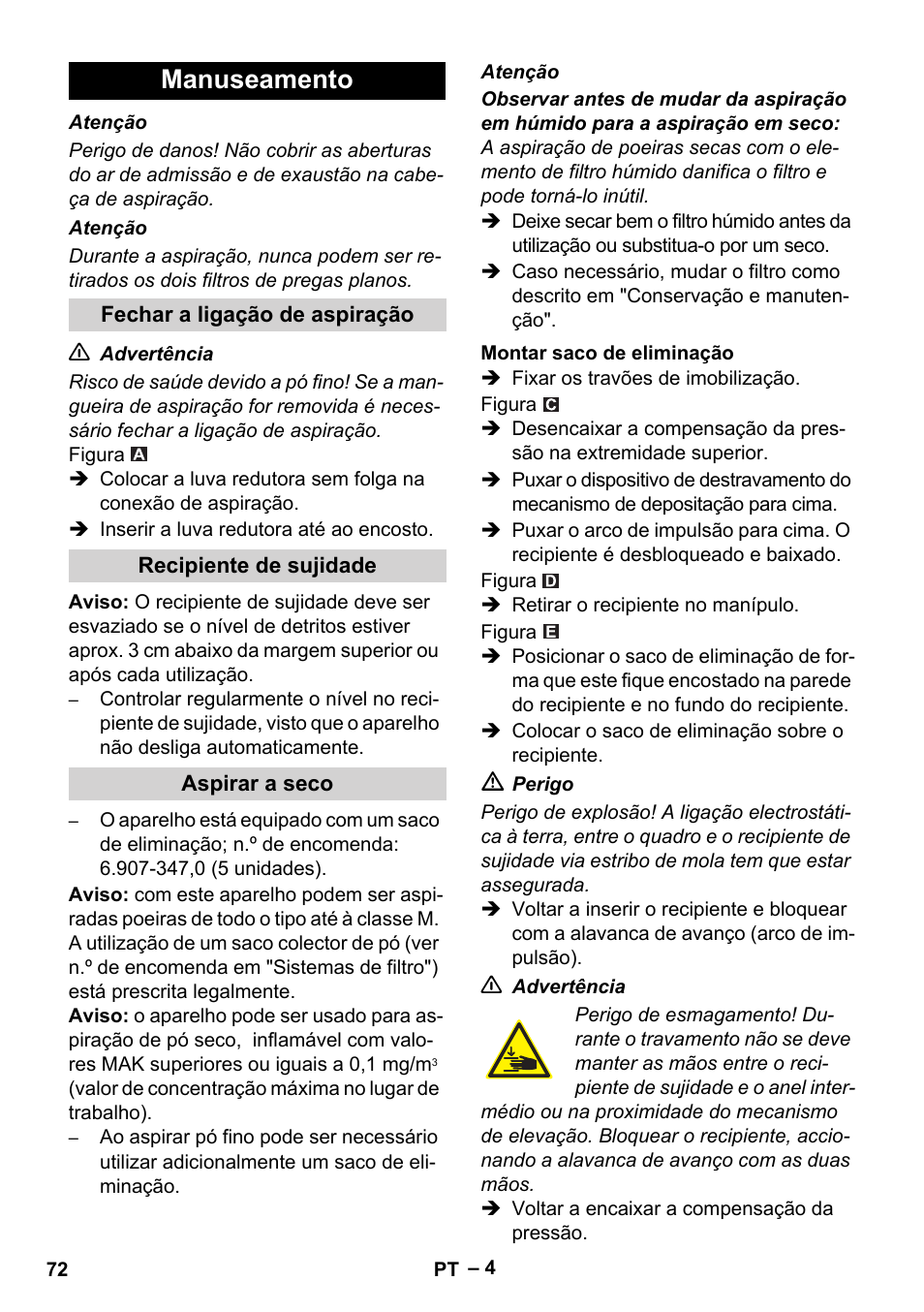 Manuseamento | Karcher IVC 60-30 Tact H Z22 EU User Manual | Page 72 / 292