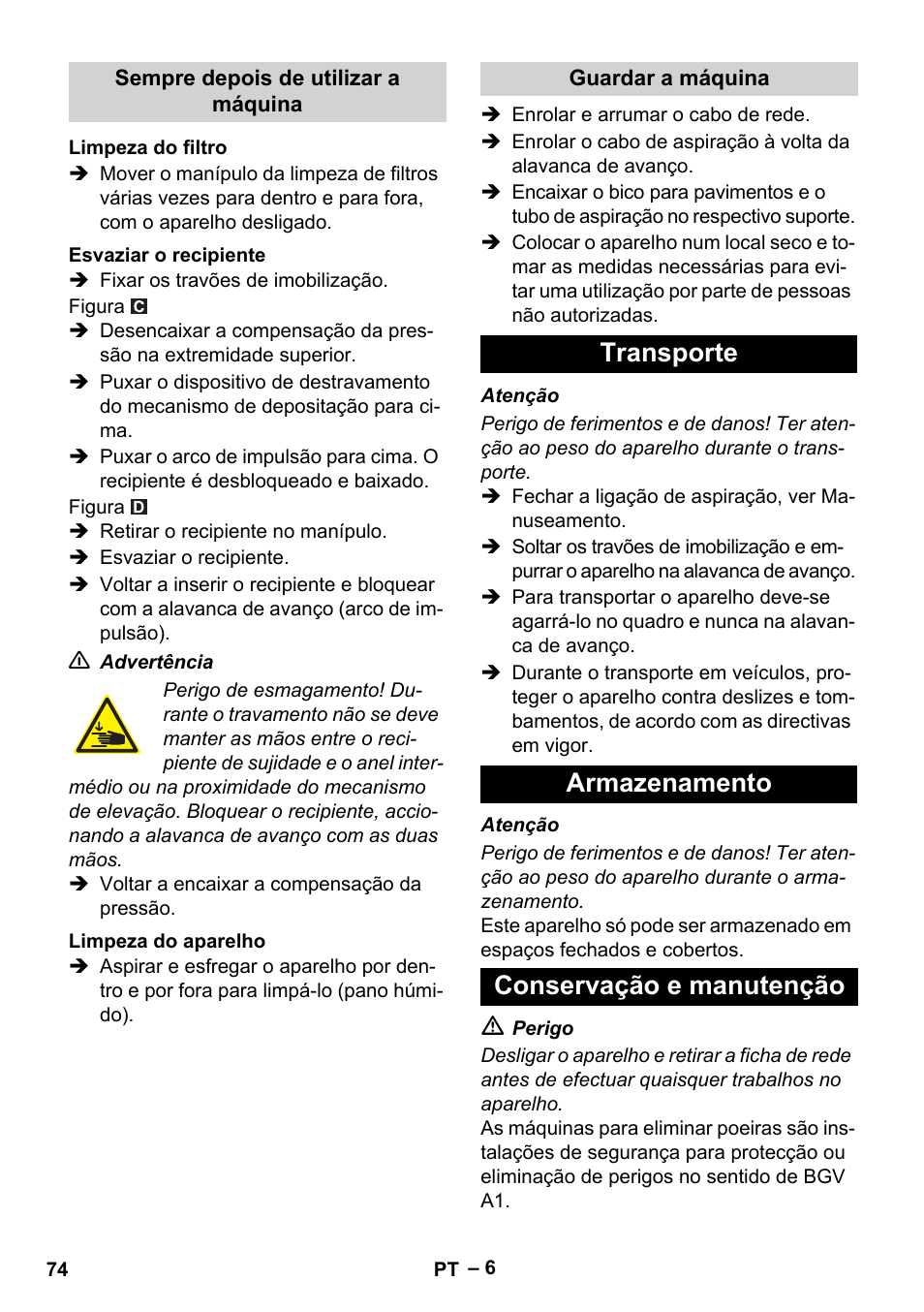 Transporte armazenamento conservação e manutenção | Karcher IVC 60-30 Tact H Z22 EU User Manual | Page 74 / 292