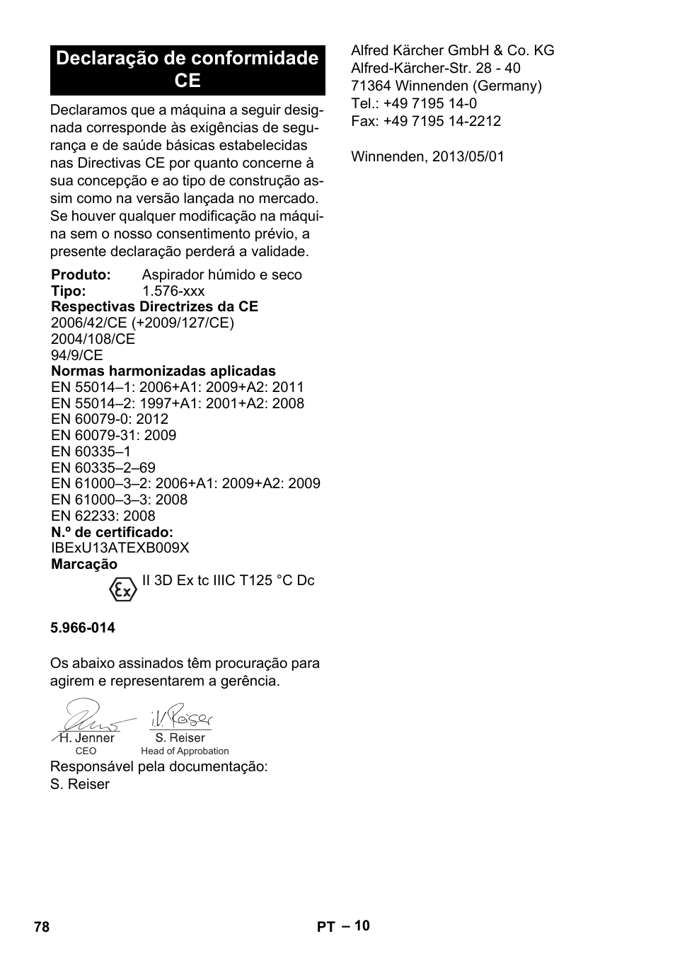 Declaração de conformidade ce | Karcher IVC 60-30 Tact H Z22 EU User Manual | Page 78 / 292